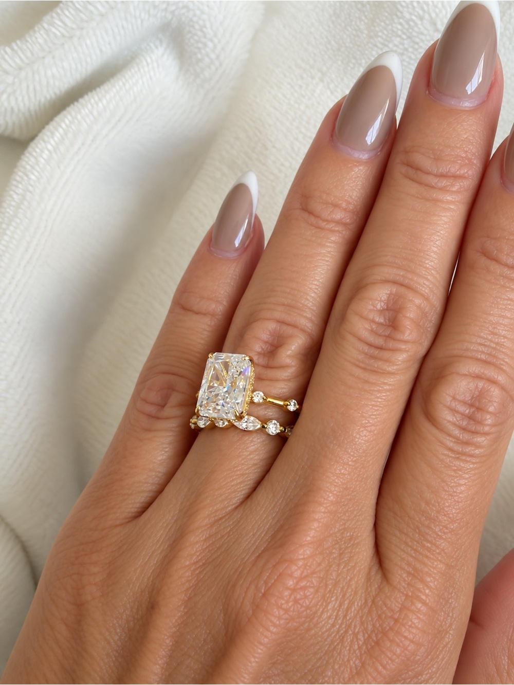 Gold Lab grown Emerald-Cut Engagement Ring with Matching Band - White Gold